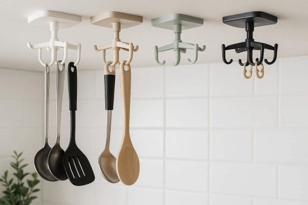 Swivel Adhesive Utility Hooks Multi Functional Kitchen Ceiling Hangers With Rotatable Hooks For Hanging Cooking Utensils