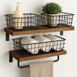 Floating Bathroom Shelves Wall Mounted Storage Organizer With Towel Bar Industrial Wood Wire Baskets Set