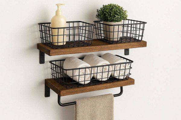 Floating Bathroom Shelves Wall Mounted Storage Organizer With Towel Bar Industrial Wood Wire Baskets Set